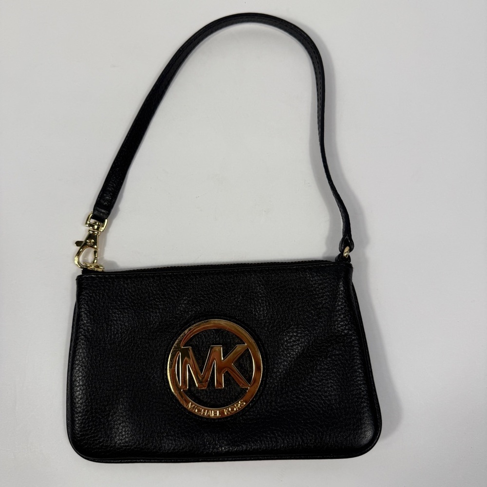 Michael Kors Fulton Wristlet Black Pebbled Leather Gold Logo Clutch Coin Purse
